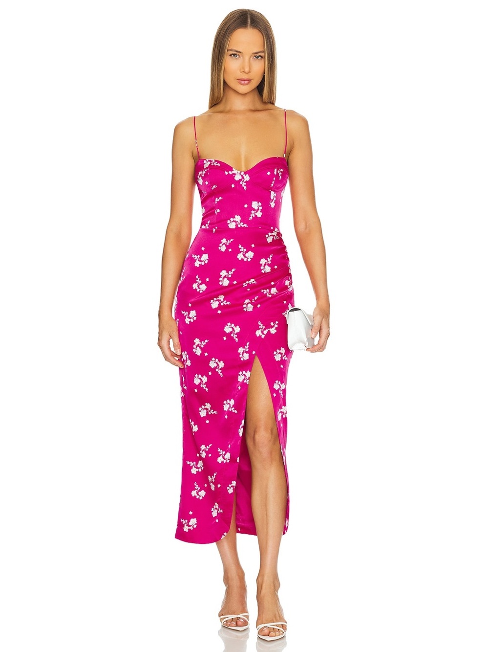 New! Bardot Amika Fuchsia Pink Floral Midi Slip Dress with Side Slit 💕 Small